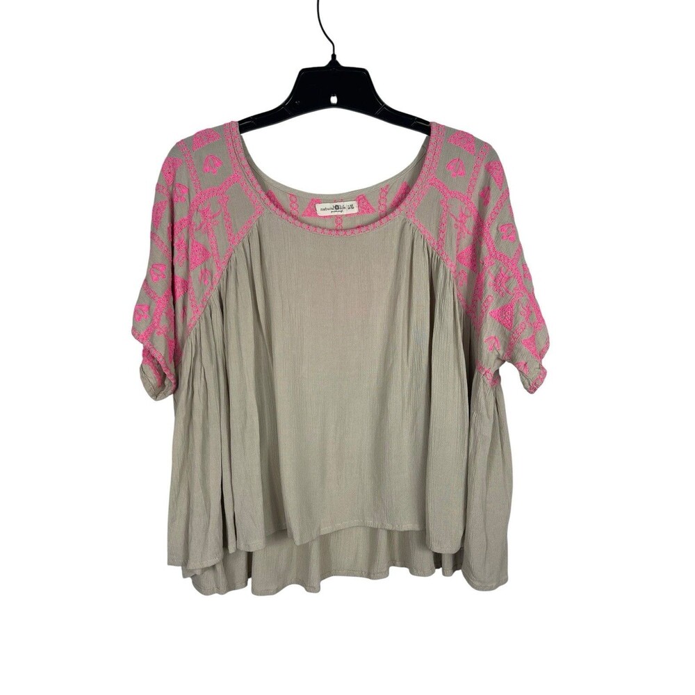 Natural Life Womens L/XL Taupe Pink Embroidered Boho Crop Top Oversized Boxy